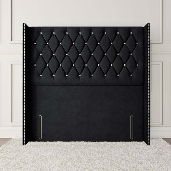 Luxor Wingback Floor Standing Headboard - Black Plush Velvet