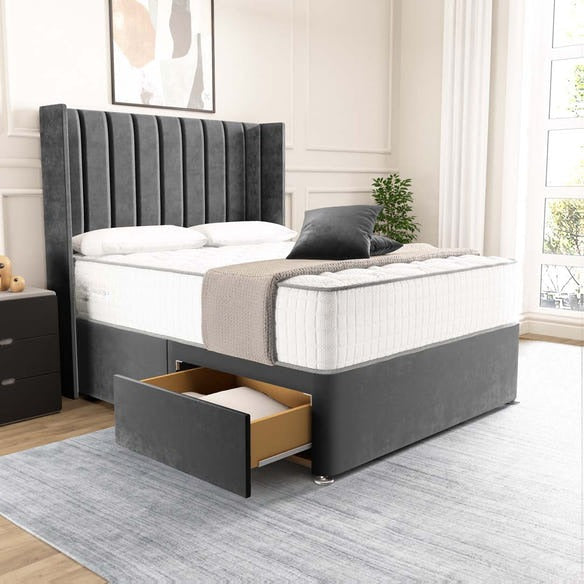 Prague Wingback Divan Bed - Steel Plush Velvet
