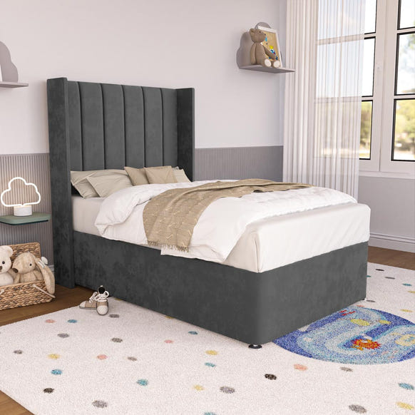 Prague Kids Wingback Divan Bed - Steel Plush Velvet