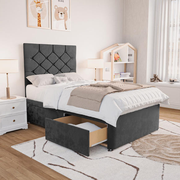Seville Kids Chesterfield Divan Bed - Steel Plush Velvet