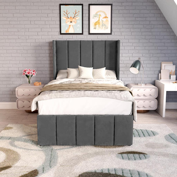 Cidra Kids Wingback Divan Bed - Steel Plush Velvet
