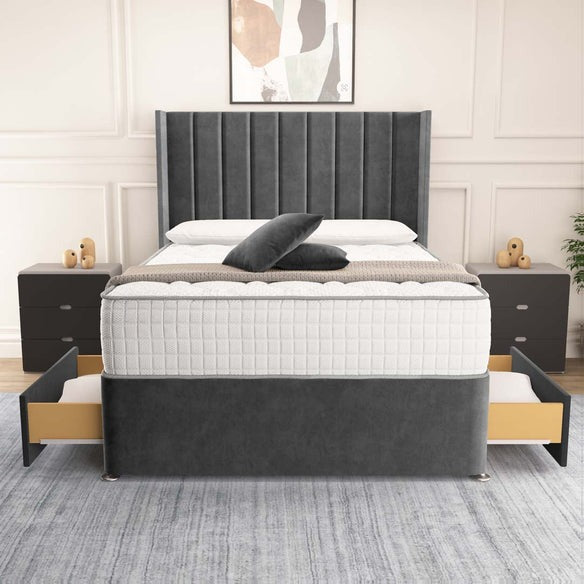 Prague Wingback Divan Bed - Steel Plush Velvet