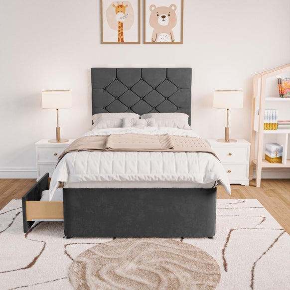 Seville Kids Chesterfield Divan Bed - Steel Plush Velvet