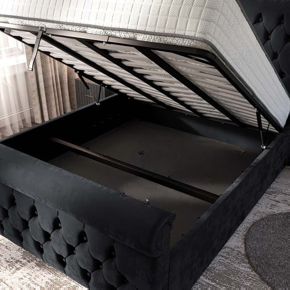 Melbourne Upholstered Ottoman Bed - Black Plush Velvet