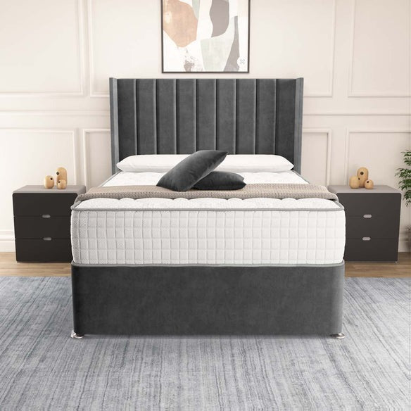 Prague Wingback Divan Bed - Steel Plush Velvet