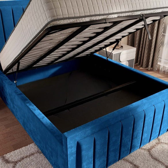 Hamilton Upholstered Ottoman Bed - Blue Plush Velvet