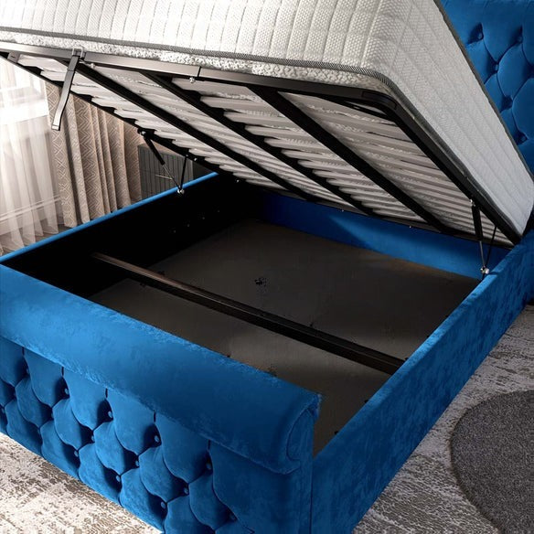 Melbourne Upholstered Ottoman Bed - Blue Plush Velvet