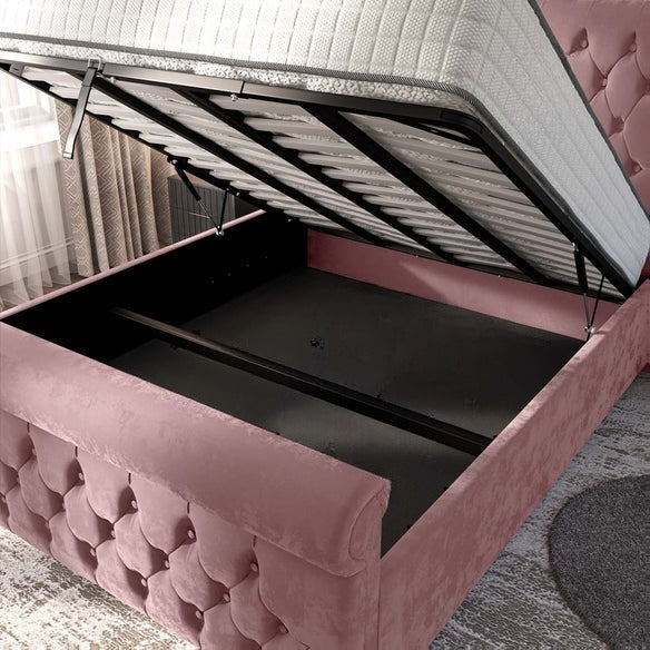 Melbourne Upholstered Ottoman Bed - Pink Plush Velvet