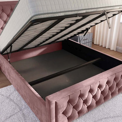 Valencia Upholstered Ottoman Bed - Pink Plush Velvet
