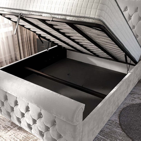 Melbourne Upholstered Ottoman Bed - Silver Plush Velvet