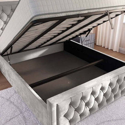 Valencia Upholstered Ottoman Bed - Silver Plush Velvet