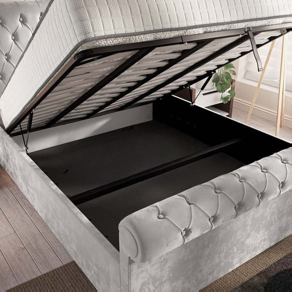 Berlin Upholstered Ottoman Bed - Silver Plush Velvet