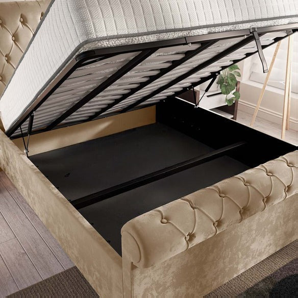 Berlin Upholstered Ottoman Bed - Mink Plush Velvet