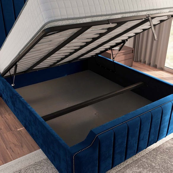Washington Upholstered Ottoman Bed - Blue Plush Velvet