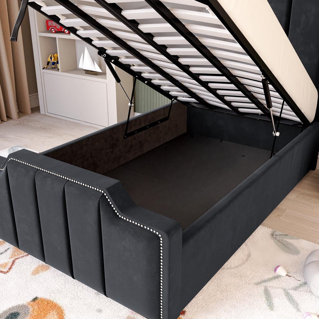 Washington Kids Upholstered Ottoman Bed - Black Plush Velvet