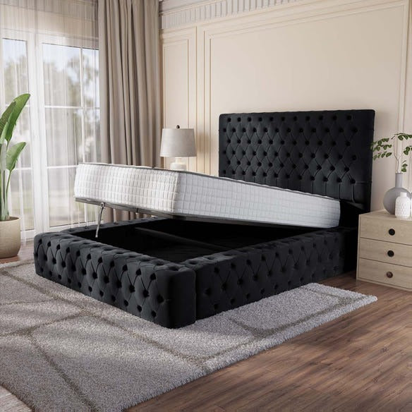 Ambassador Upholstered Ottoman Bed - Black Plush Velvet