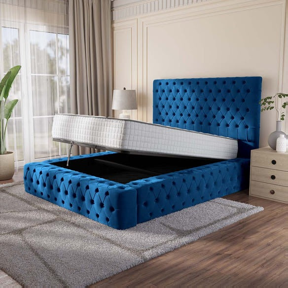Ambassador Upholstered Ottoman Bed - Blue Plush Velvet