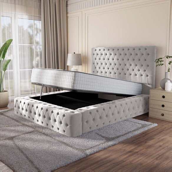 Ambassador Upholstered Ottoman Bed - Silver Plush Velvet