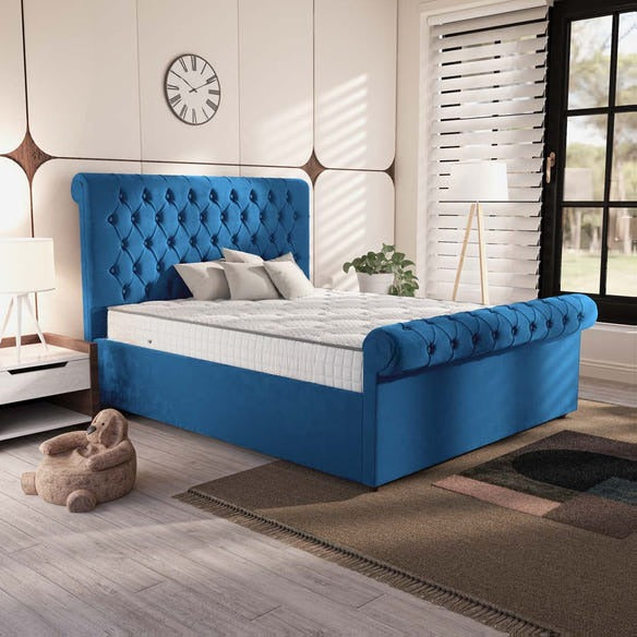 Berlin Upholstered Bed - Blue Plush Velvet