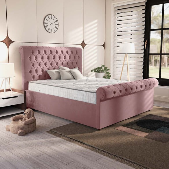 Berlin Upholstered Bed - Pink Plush Velvet
