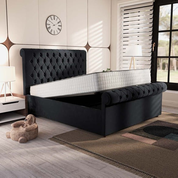 Berlin Upholstered Ottoman Bed - Black Plush Velvet