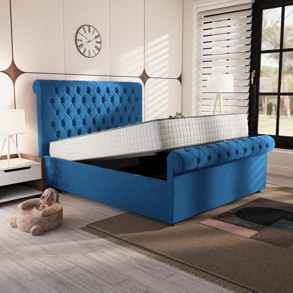 Berlin Upholstered Ottoman Bed - Blue Plush Velvet
