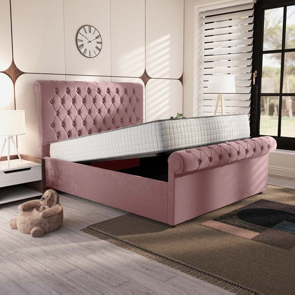Berlin Upholstered Ottoman Bed - Pink Plush Velvet