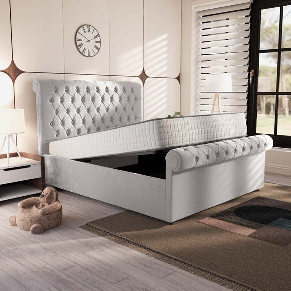 Berlin Upholstered Ottoman Bed - Silver Plush Velvet