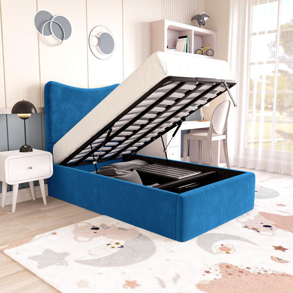 Cairo Kids Upholstered Ottoman Bed - Blue Plush Velvet