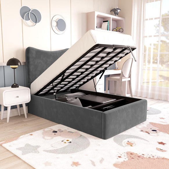 Cairo Kids Upholstered Ottoman Bed - Steel Plush Velvet