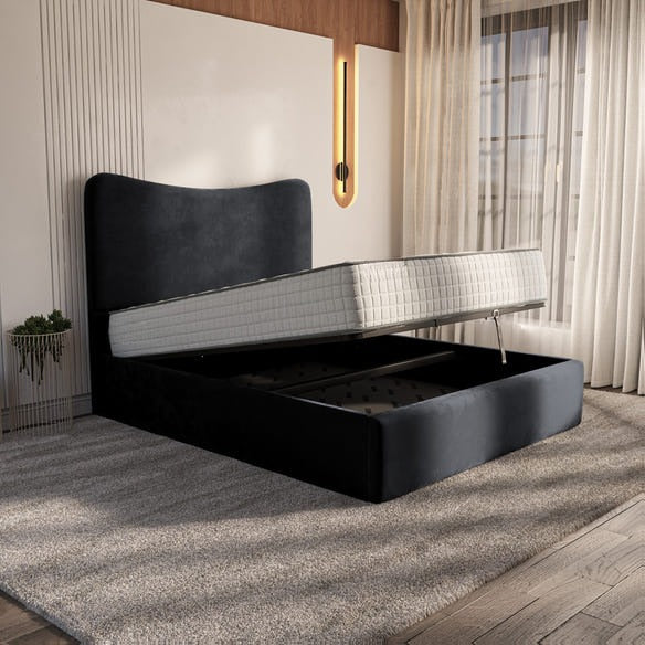 Cairo Upholstered Ottoman Bed - Black Plush Velvet