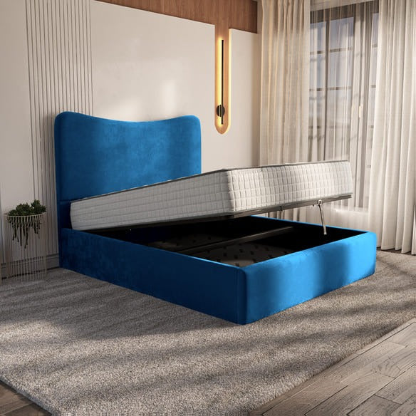 Cairo Upholstered Ottoman Bed - Blue Plush Velvet