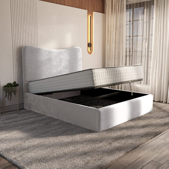 Cairo Upholstered Ottoman Bed - Silver Plush Velvet
