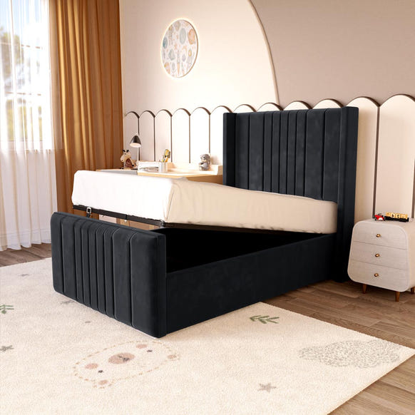 Cambridge Kids Upholstered Ottoman Bed - Black Plush Velvet
