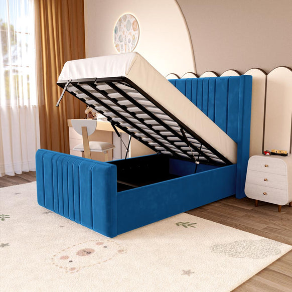 Cambridge Kids Upholstered Ottoman Bed - Blue Plush Velvet