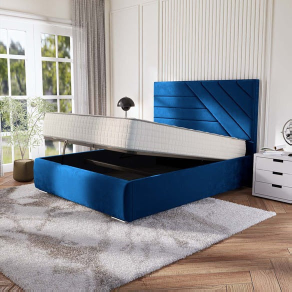 Chicago Upholstered Ottoman Bed - Blue Plush Velvet