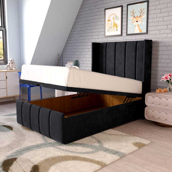Cidra Kids Wingback Ottoman Divan Bed - Black Plush Velvet