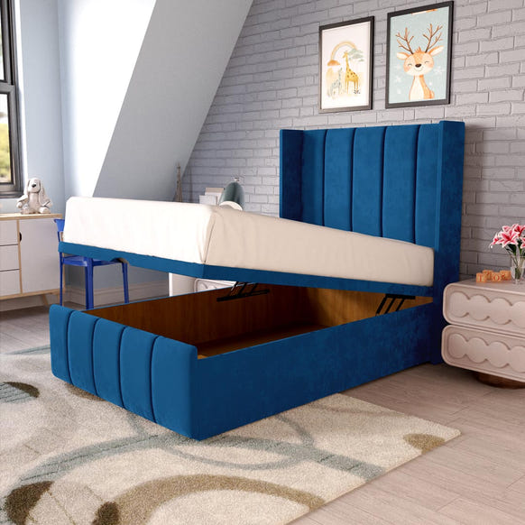 Cidra Kids Wingback Ottoman Divan Bed - Blue Plush Velvet