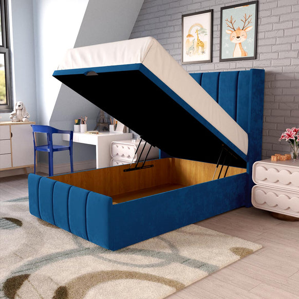 Cidra Kids Wingback Ottoman Divan Bed - Blue Plush Velvet