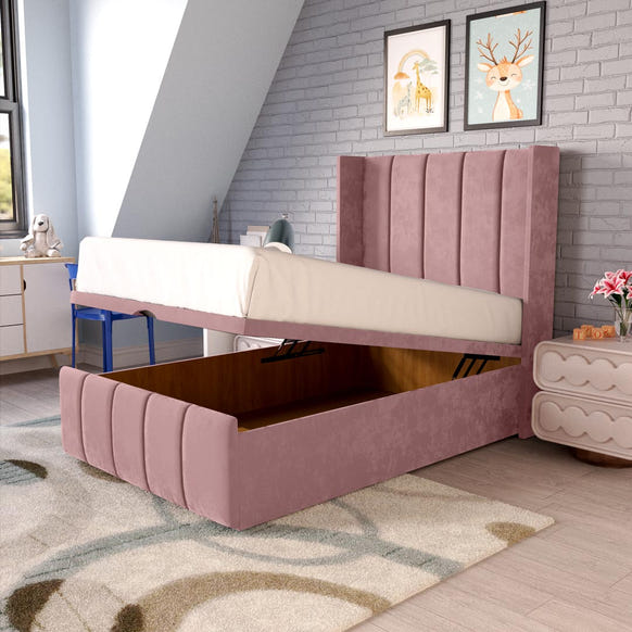 Cidra Kids Wingback Ottoman Divan Bed - Pink Plush Velvet