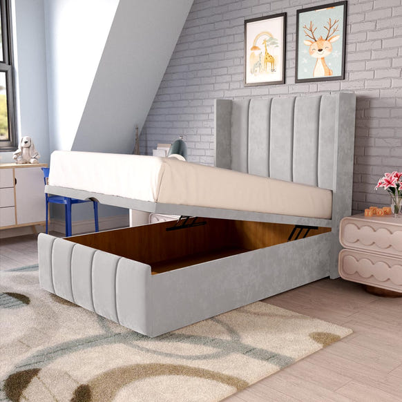 Cidra Kids Wingback Ottoman Divan Bed - Silver Plush Velvet