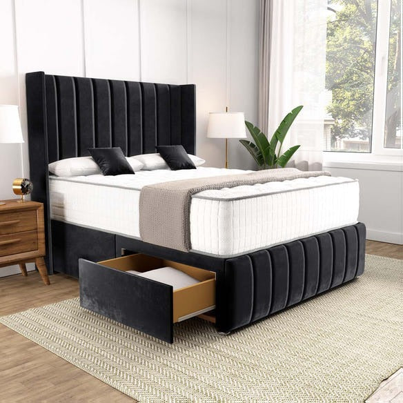 Cidra Wingback Divan Bed - Black Plush Velvet
