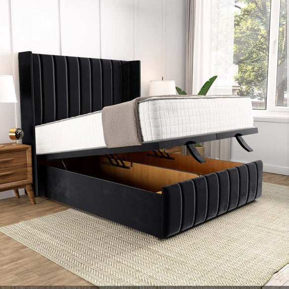 Cidra Wingback Ottoman Divan Bed - Black Plush Velvet
