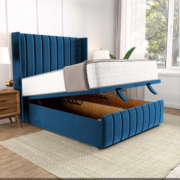 Cidra Wingback Ottoman Divan Bed - Blue Plush Velvet