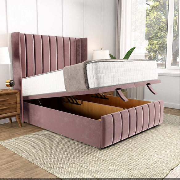 Cidra Wingback Ottoman Divan Bed - Pink Plush Velvet