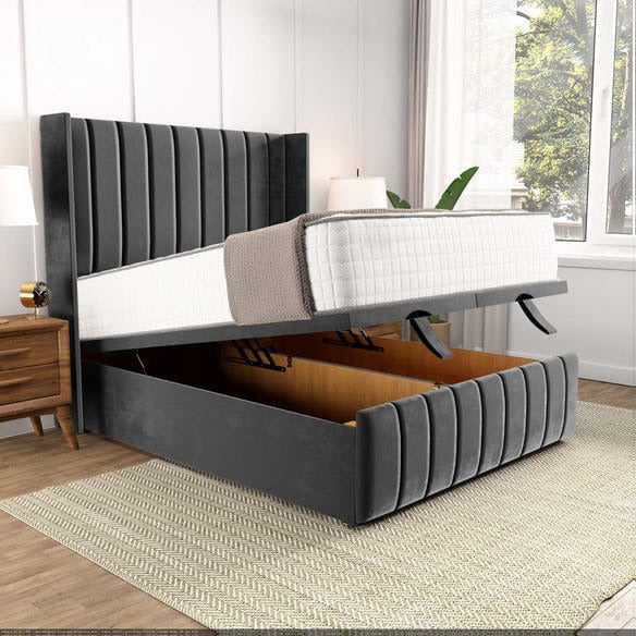 Cidra Wingback Ottoman Divan Bed - Steel Plush Velvet