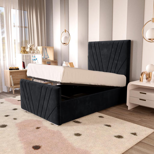 Fiji Kids Sunrise Upholstered Ottoman Bed - Black Plush Velvet