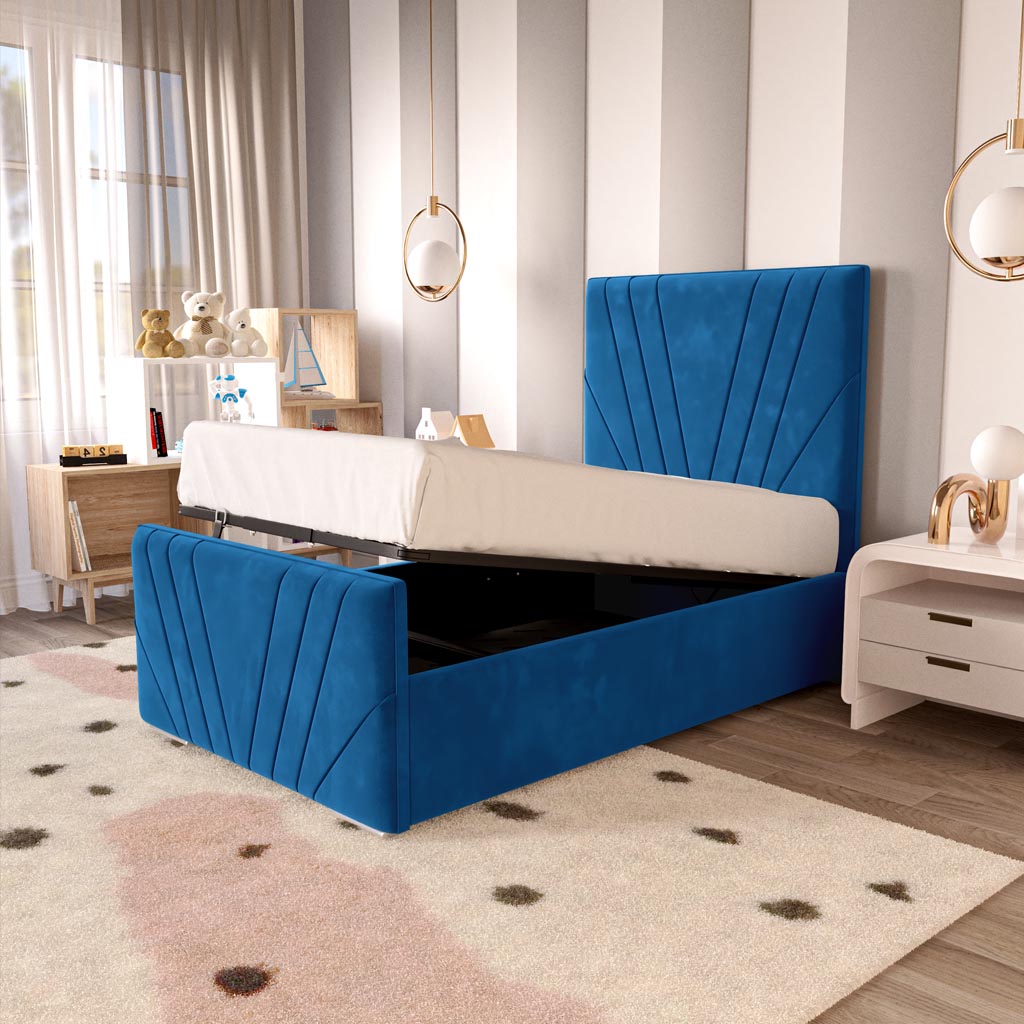 Fiji Kids Sunrise Upholstered Ottoman Bed - Blue Plush Velvet