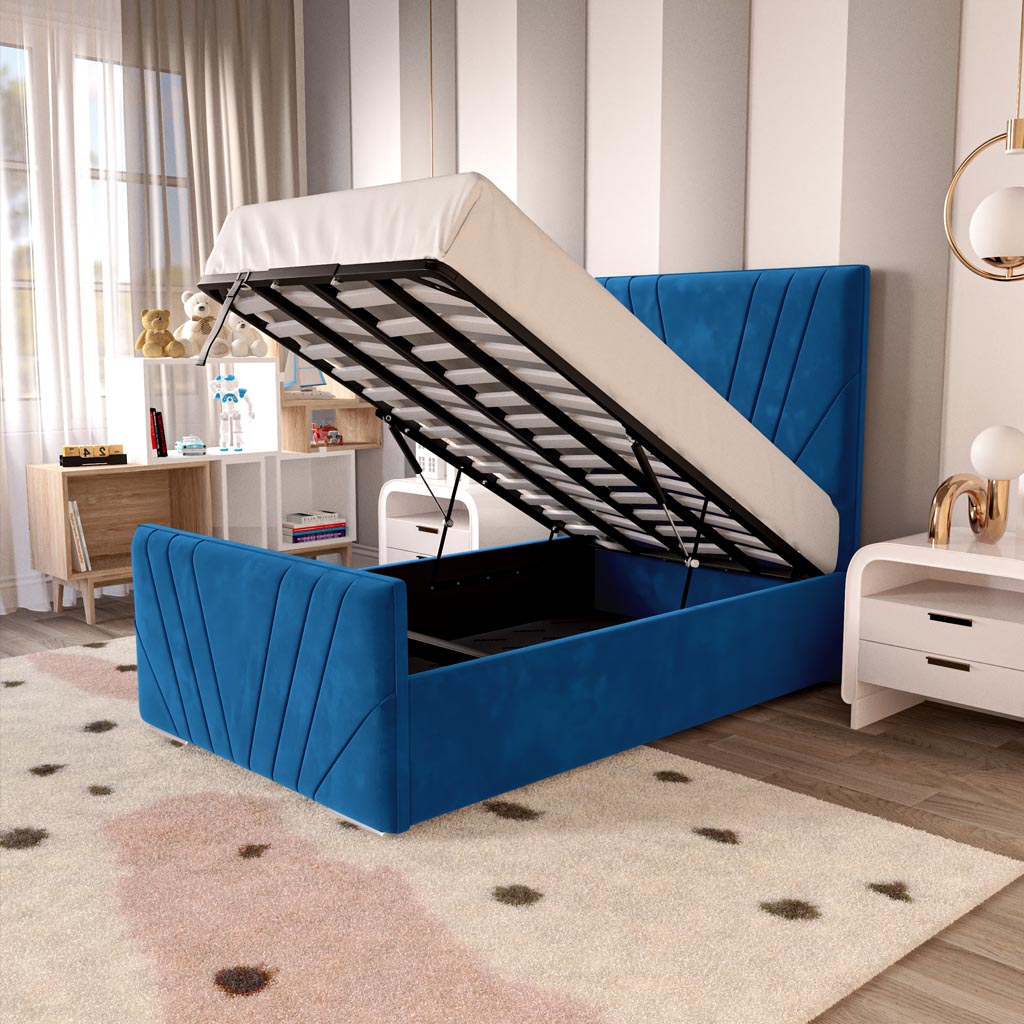 Fiji Kids Sunrise Upholstered Ottoman Bed - Blue Plush Velvet