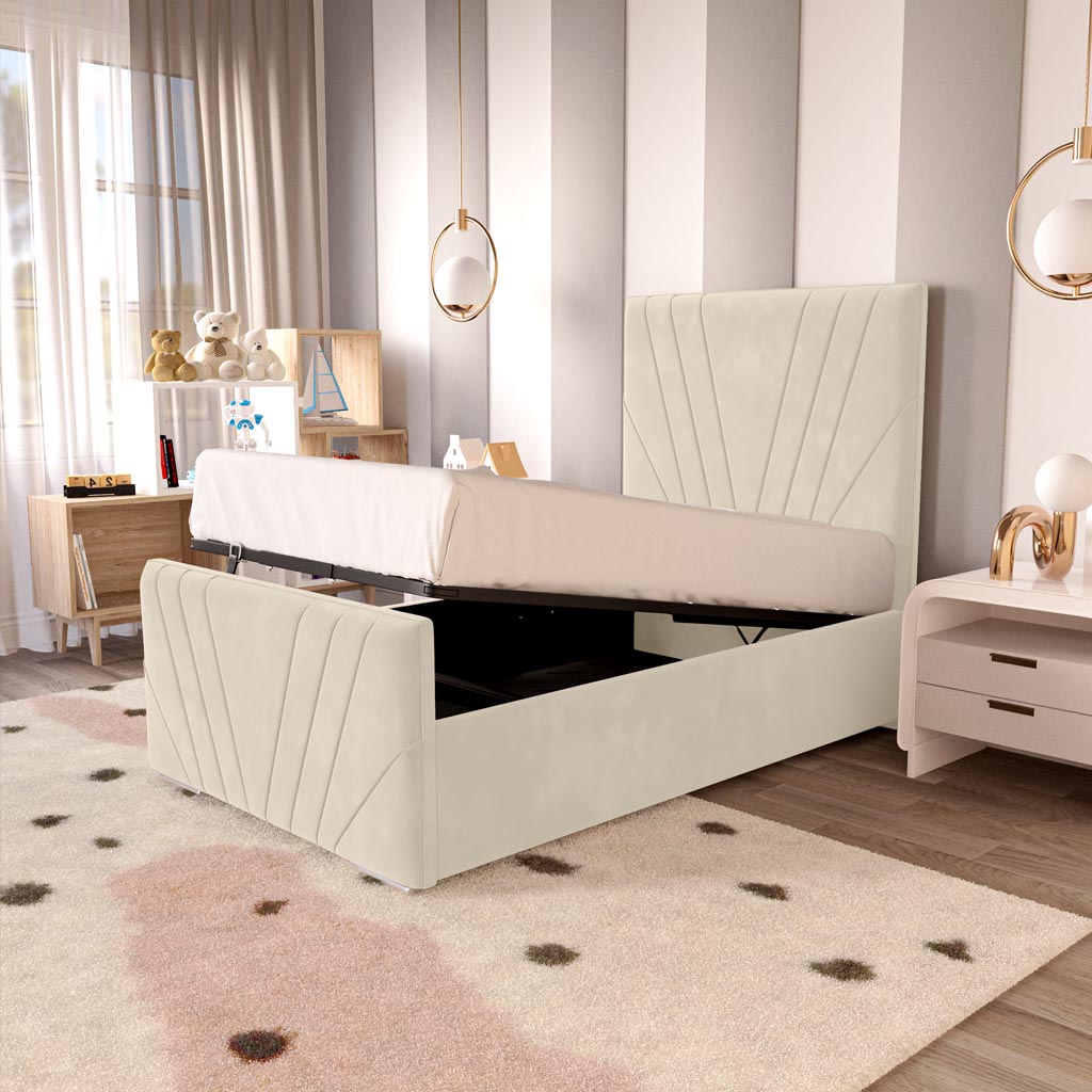 Fiji Kids Sunrise Upholstered Ottoman Bed - Cream Plush Velvet